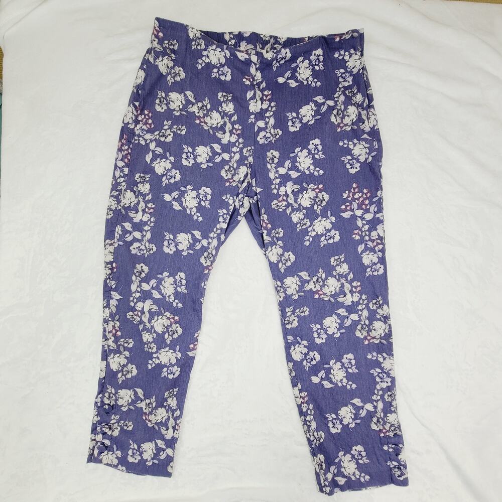 J. Jill Linen Stretch Pants Women’s L Floral Blue Slim Ankle Button Lightweight